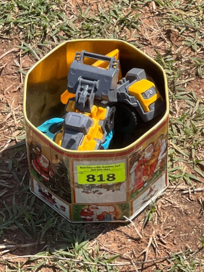 h- toy trucks in a tin can