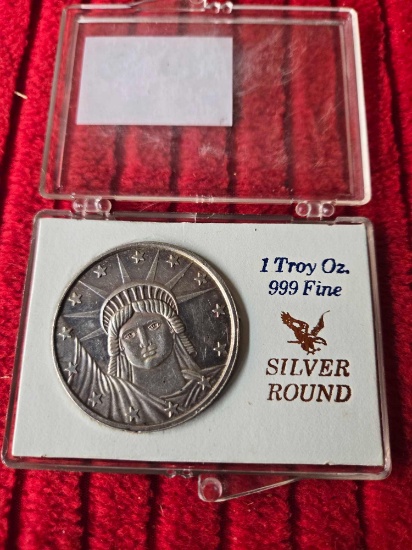 1 Troy Ounce, .999 Fine Silver, Liberty Silver Round, In Acrylic Case.