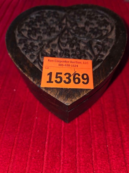 Vintage, Carved Wood Heart Jewelry Box with Assorted Jewelry.