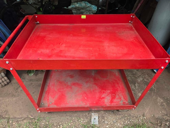All Metal, Shop Cart. 2 Bin Shelves. Approximately 40 Inch X 24.5 Inches X 32 Inches. On Casters.