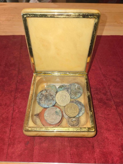 Marble Box with Lid and Assorted Coins, And Medals. All one Money.