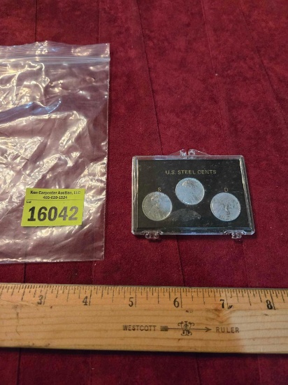 3-1943 US Steel Pennies. All Mint Set. S,P,and D, Collectible Coins. In Plastic Display Case