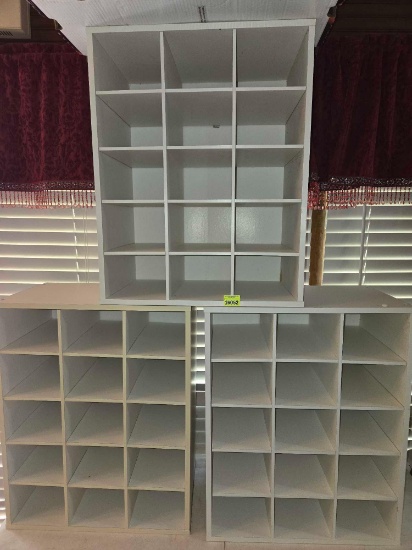 3- Organizer/ Shoe Shelves. Each is Approximately 19 X 24 X 12 Inches. Each has 15 Slots. 3 Times