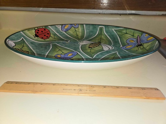 Large , Ornate, Clay Art, Hand Painted, Buzz Around, Serving Bowl/Platter. Dishwasher and Microwave