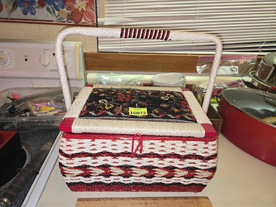 Ornate Pin Cushion Topped Sewing Basket. With Sewing Accessories.