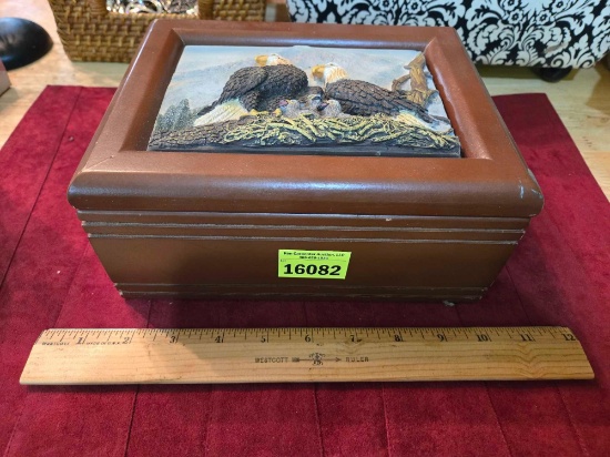 Ornate Wood Box with Ceramic Eagles inlaid on Lid. With Assorted Jewelry Items. Mostly Neclaces,