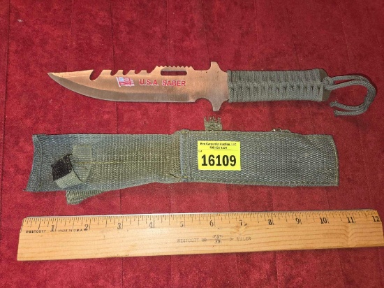 USA Saber Hunting/Survival Knife with Woven OD Green Canvas Sheath and Grip.