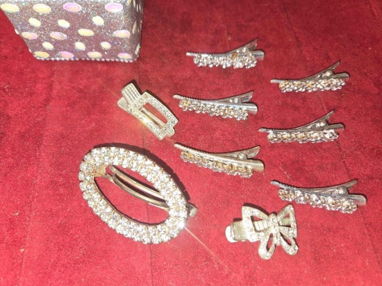 Ornate Jewelry Box with Lid and Assorted Vintage Hair Pins and Barrets. All one Money.