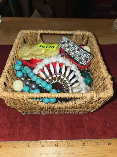 Wicker and Metal Basket with Assorted Jewelry. All one Money.