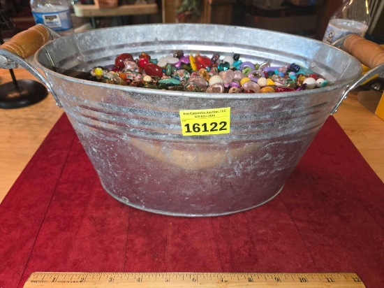 Large Tin Pail with Assorted Jewelry Making Items. Charms, Beads and Baubles. All one Money.