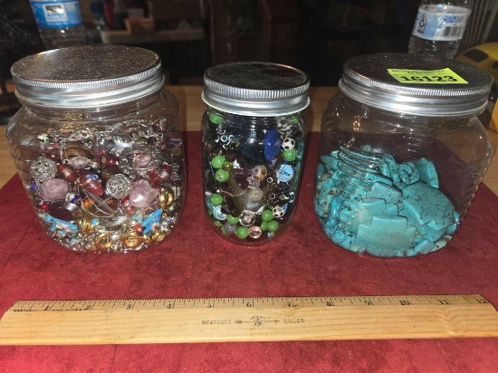 3- Jars with Assorted Jewelry Making Items. Charms, Beads and Baubles. All one Money.