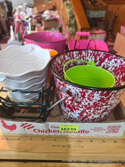 Box of Assorted Tin, Enamel, and iron Buckets/ Nails, and Other. Decorative, Housewares.