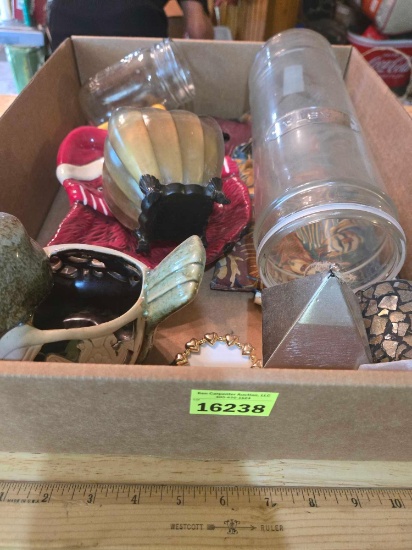 Box of Assorted Household Items. Decorative.