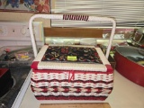 Ornate Pin Cushion Topped Sewing Basket. With Sewing Accessories.
