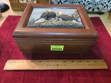 Ornate Wood Box with Ceramic Eagles inlaid on Lid. With Assorted Jewelry Items. Mostly Neclaces,