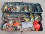 Vintage Metal Tackle Box with Assorted Fishing Tackle. Outdoor Recreation