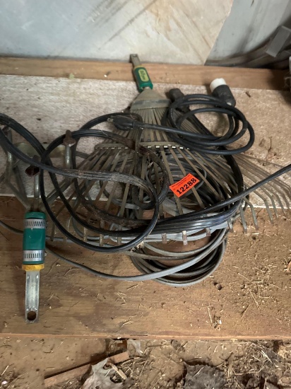 Electrical cords, light and rake
