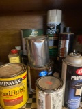 Spray paint, wood stain and misc items Contents unknown