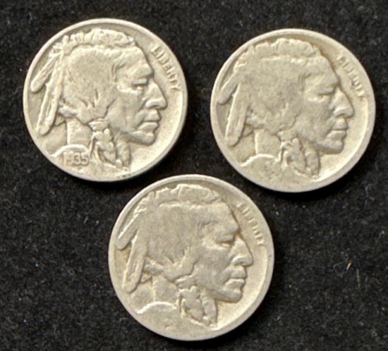 3 Buffalo Nickels - 1 1935 and 2 dateless