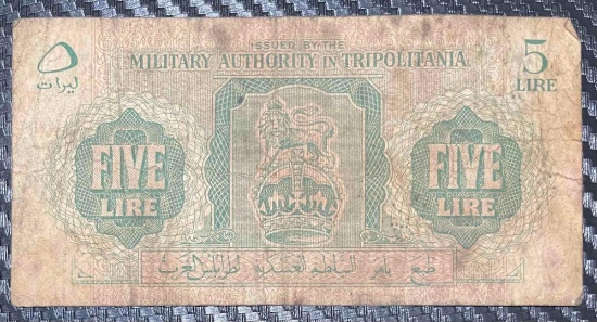 Libya, Military Authority in Tripolitania, 5 Lire, World War II Issue