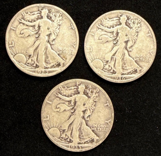 Lof of 3 - Silver Walking LIberty Half Dollars - 1923s, 1035s and 1936