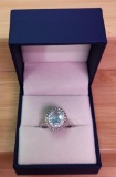 Aquamarine and Diamond Halo Ring, size 7.5