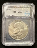1972 $1 Eisenhower Dollar - ICG MS64 - Type 1 Reverse