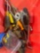 Tote with screw drivers, wrenches, black pipe fittings, box knife, and other various items