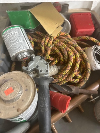 Mixed lot of rope, drill bits, brass manifold, and other various items