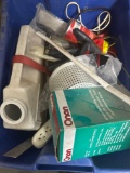Air filter, rubber gloves, extension cord, small basket and other items