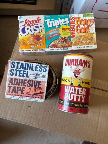Vintage cereal samples vintage Durhams water putty can stainless steel tape