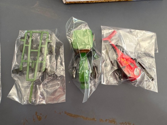 Scale model cars, John Deere tractor with plow and helicopter