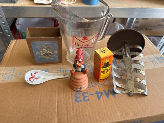 Budweiser mug, ice cream churn, woody woodpecker bell, hopped no. 9 and wooden box