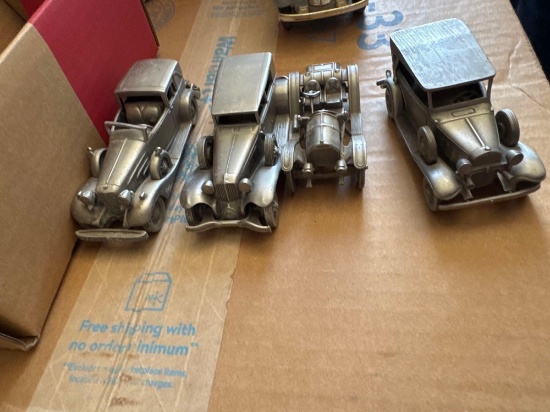 Pewter model cars and die cast truck coin bank and ear plugs