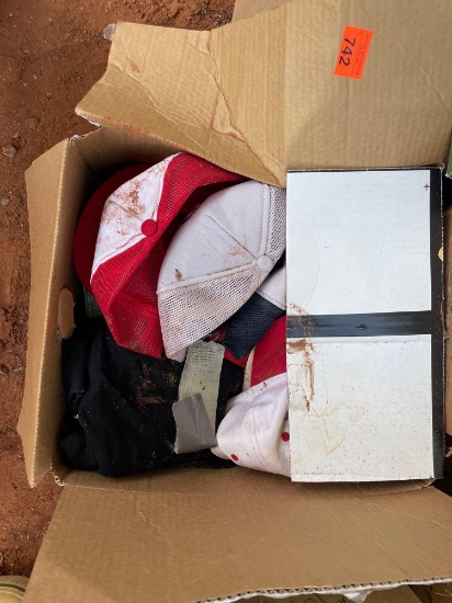 Box of ball caps and books