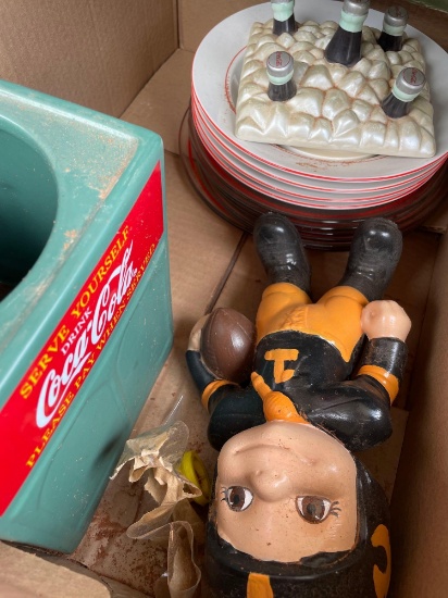Cocoa cola dishes, cookie jar, and ceramic hand painted football player