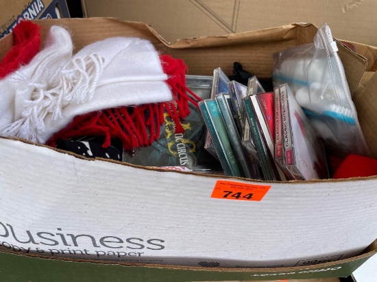 Box of cds (see photos for artists), scarfs, beanie hats, and more