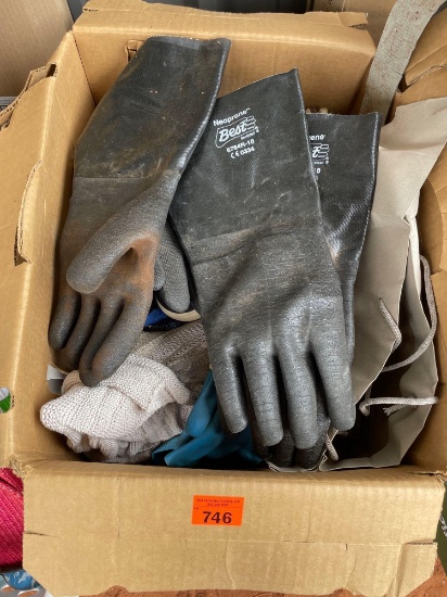 Box with womens clothes (see photos for sizes), neoprene gloves, size 7 women shoes, youth ponchos,