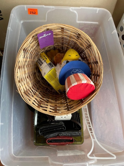 Tote with woven trash basket, womens wallets, smoke alarm, American eagle plush toy, organizing bin