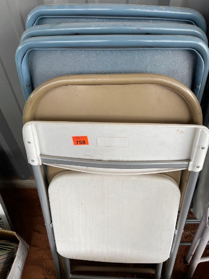5 folding chairs total, 3 blue metal frame with cloth padding cosco brand, 1 metal chair, and 1