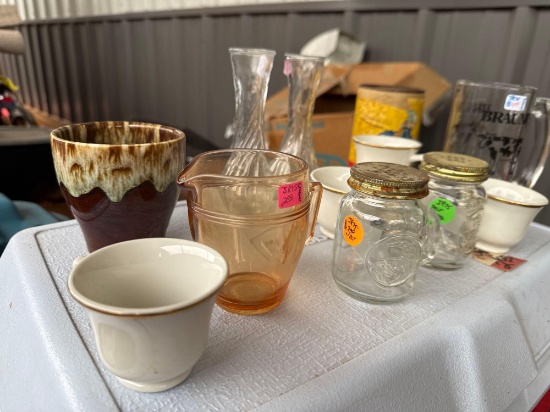 Glassware, vases, salt, shaker peppers, pepper, tea, cups, Braums mugs