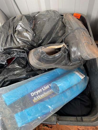 Title with mens leather shoes, dryer lint vac attachment, dishes, and various clothing items