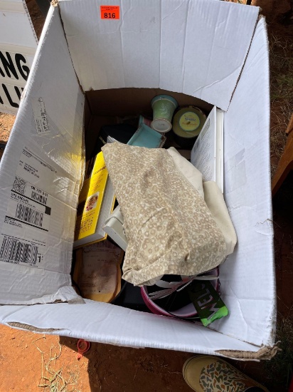 Box with misc items, paper shredder no bin, scale, books, conair hair roller set, and more