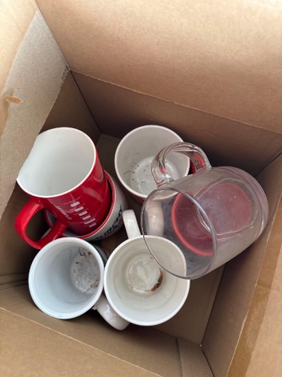 Coffee mugs a plate and Pyrex bowl