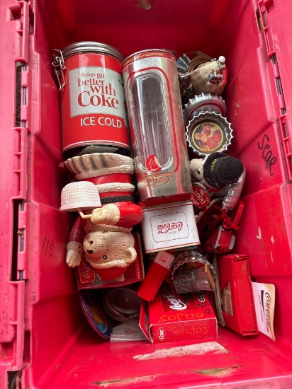 Coca Cola collectibles in a tote