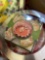 Various platter plates and pie savers, table cloth