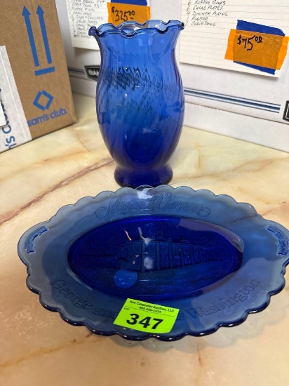 Blue glass vase and plate