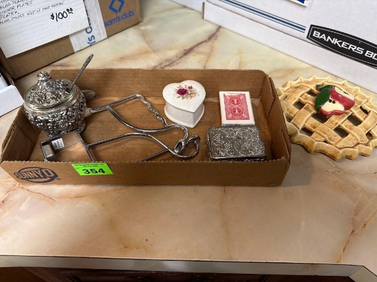 Apple pie lid, 2 boxes,Silverplated sugar bowl with spoon, cards, door hangers