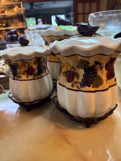 Set of 3 canisters in metal trays