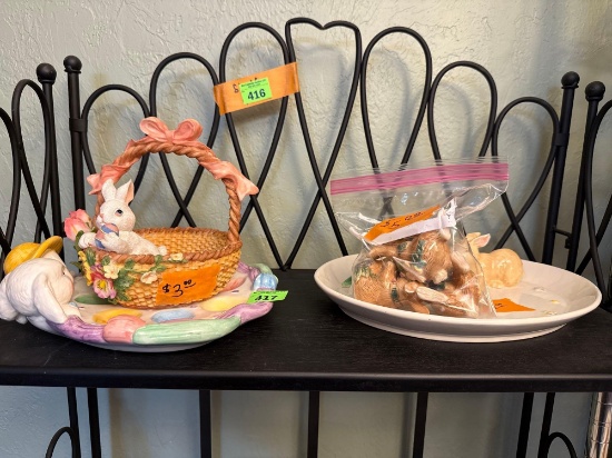Easter basket, platter and egg serving dish, bunnies